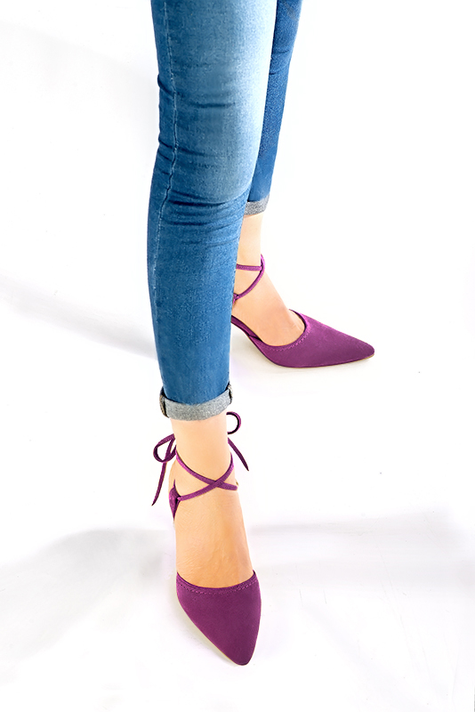Mulberry purple women's open back shoes, with crossed straps. Tapered toe. High flare heels. Worn view - Florence KOOIJMAN